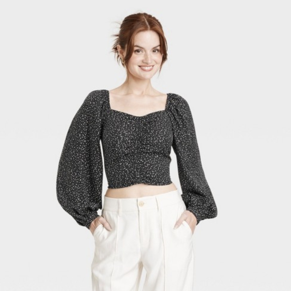 A New Day sz XL Cropped Balloon Sleeve Ruched Stylish Top